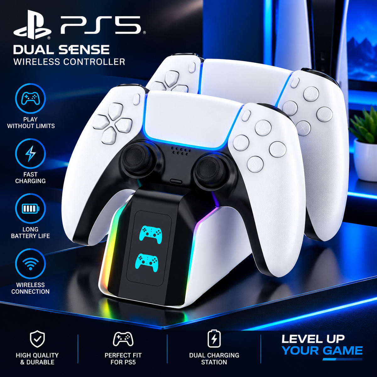 RGB Fast Charging Dock for PS5 Controllers — 9 Light Modes